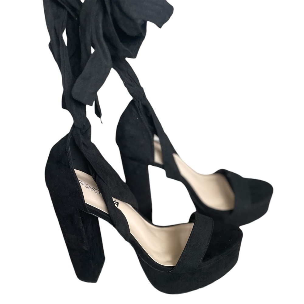 Platforms. Faux suede with wrap around straps. Never worn.